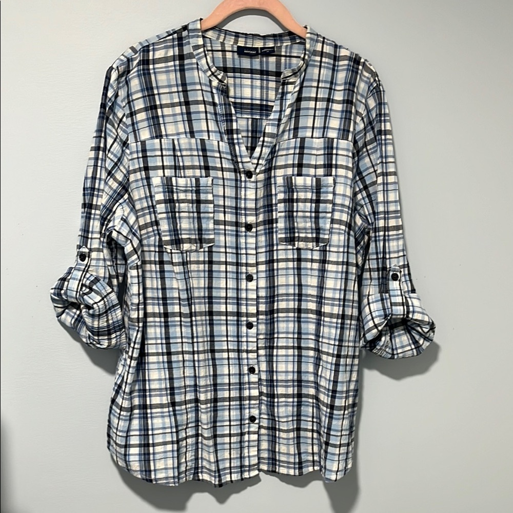 BASIC EDITIONS 1X 100% cotton, gauze top, 3/4 length sleeves, blues & greys